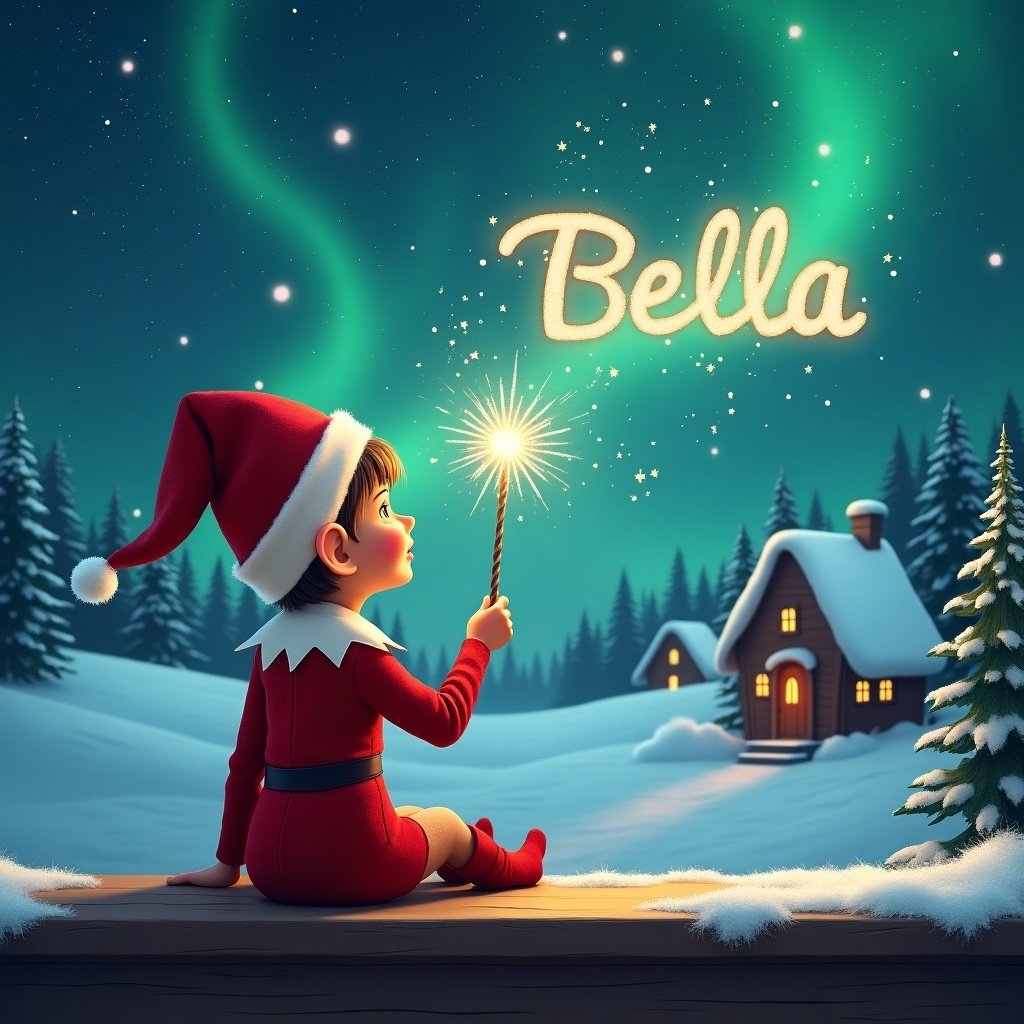 An elf in a red outfit sits on a wooden ledge, gazing at a magical sky. The elf holds a sparkling wand and elegantly writes 'Bella' in the air. The background features a snowy landscape with quaint houses and evergreen trees. The Northern Lights shimmer above, creating a whimsical atmosphere. This scene captures the essence of childhood magic during the Christmas season.