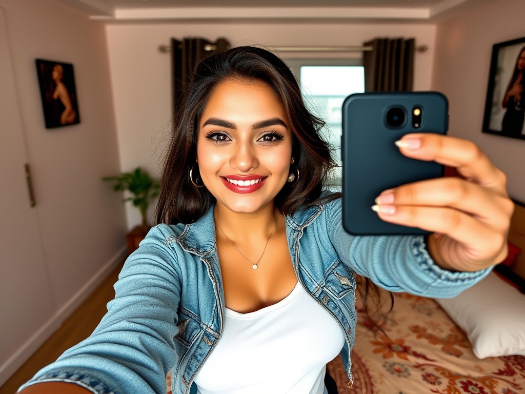 A person taking a selfie with a cheerful expression in a cozy room.