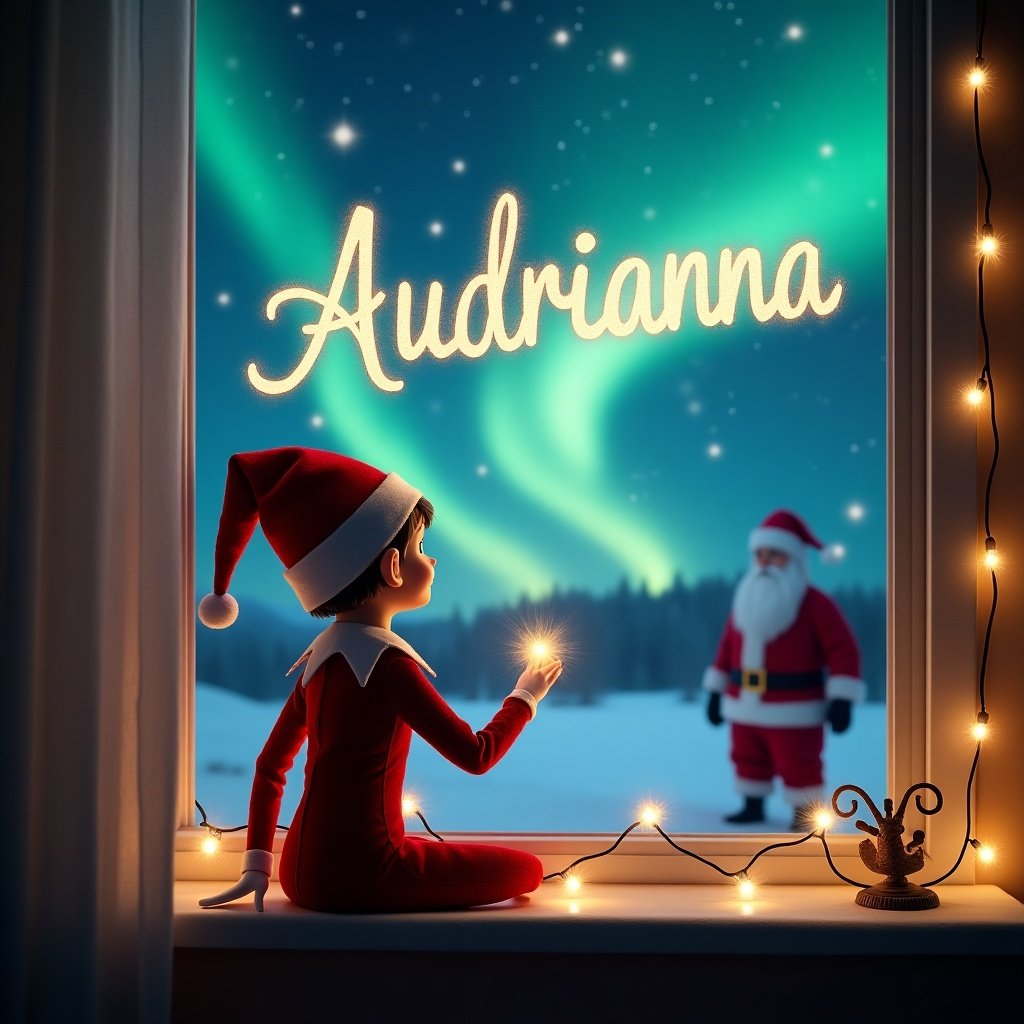 This whimsical image captures a magical Christmas moment through the eyes of a little elf on the shelf. She is dressed in a red outfit and Santa hat, sitting on a windowsill, writing 'Audrianna' in sparkling light against a breathtaking night sky. The colorful northern lights dance above while Santa watches from a distance, creating a charming and festive ambiance. Soft, twinkling lights adorn the window, enhancing the cozy feeling of the scene. This enchanting illustration evokes feelings of wonder and holiday spirit, perfect for celebrating the season.