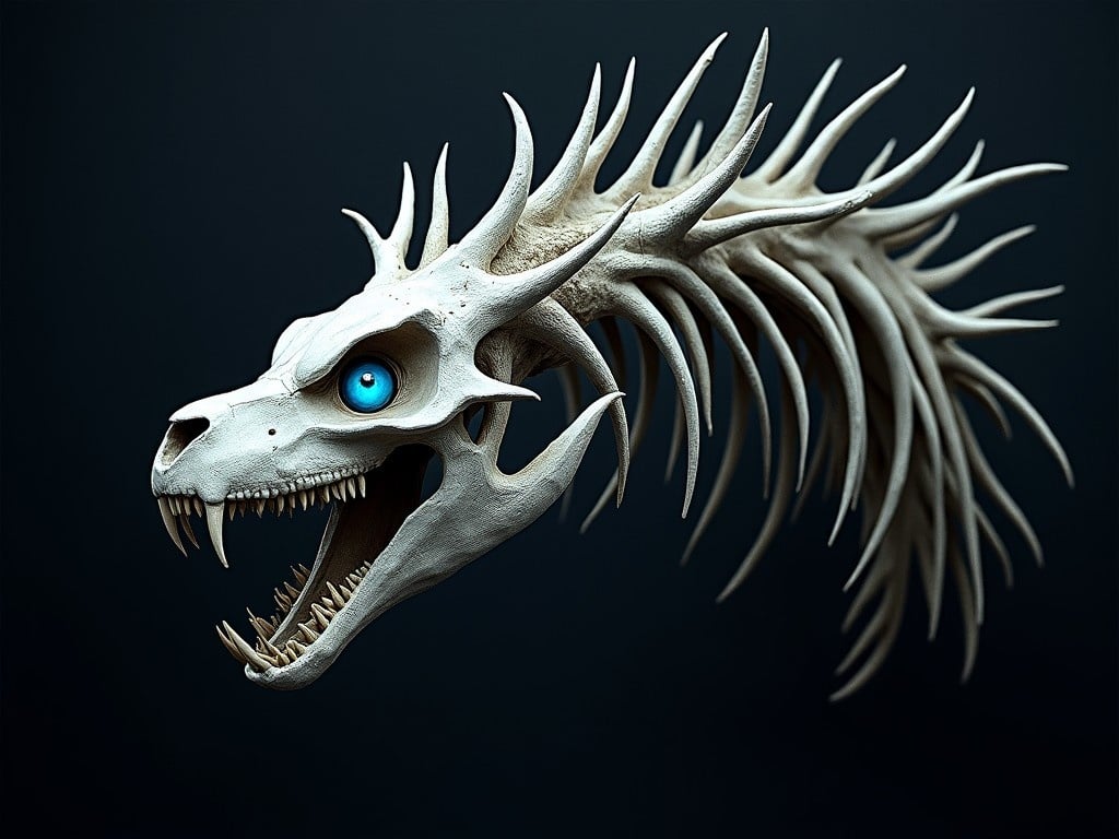 The image features a skeletal structure resembling tree branches, designed as a dragon's head. It has striking, piercing blue eyes that stand out against a dark background, enhancing its fierce expression. The spiky, branch-like protrusions add an abstract quality to the piece. This creation merges natural and artistic elements seamlessly, presenting a unique portrayal of a creature. The overall design is both captivating and imaginative, embodying a blend of fantasy and nature.