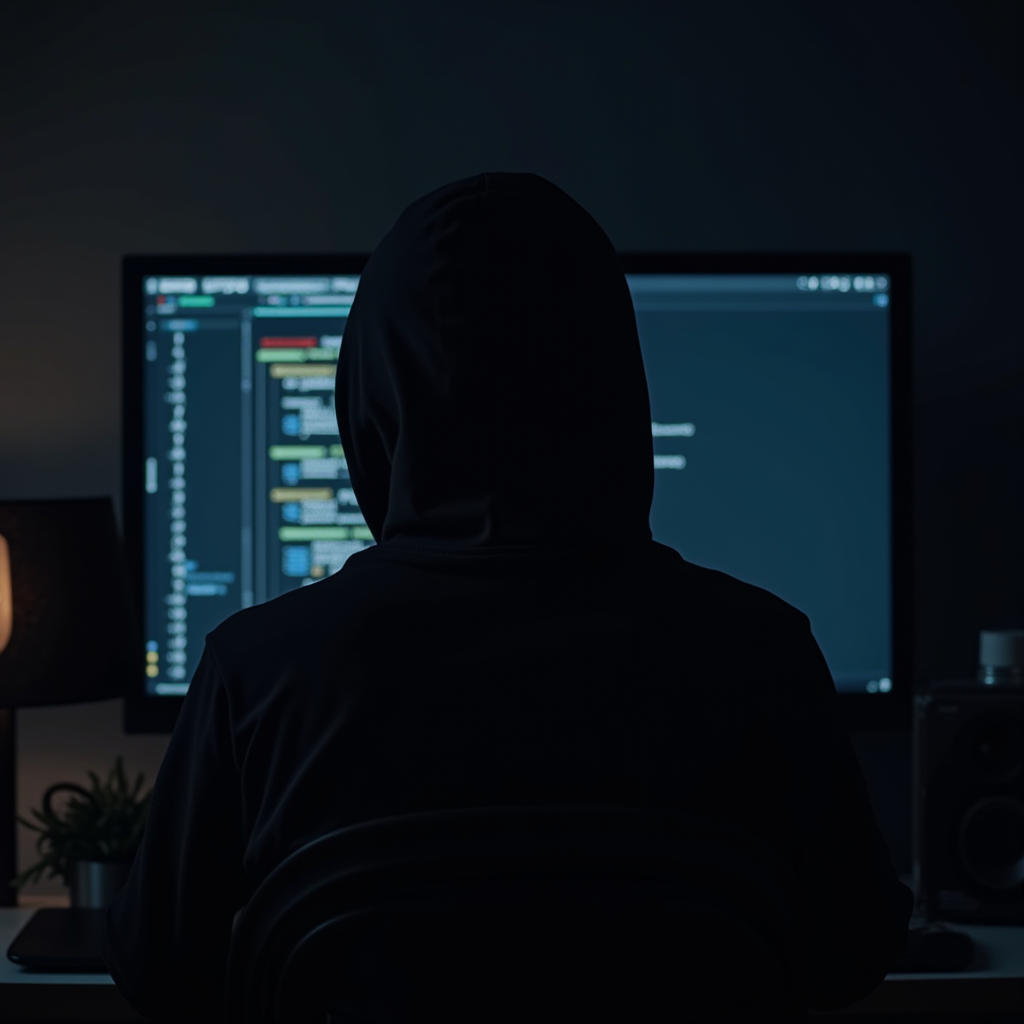 A person in a dark room wearing a hoodie sits in front of a screen displaying lines of code.