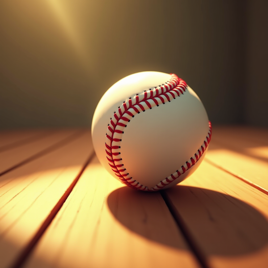 A baseball rests on a wooden floor under dramatic lighting, casting a distinct shadow.