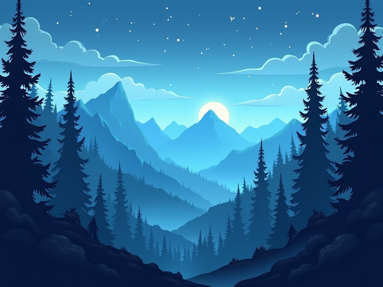 This image depicts a magical scene inspired by Adventure Time. It features the majestic Blue Mountain Woods, characterized by towering pine trees and rolling mountains. A luminous moon rises above the peaks, casting a serene glow over the landscape. The color palette is primarily composed of blue tones, creating a tranquil atmosphere. Clouds drift lazily across the night sky, adding to the magical ambiance. This illustration captures the vastness and beauty of an enchanting forest, perfect for setting adventurous or whimsical tales.