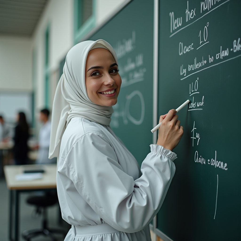 A woman in a white hijab writes confidently on a chalkboard in a classroom setting.