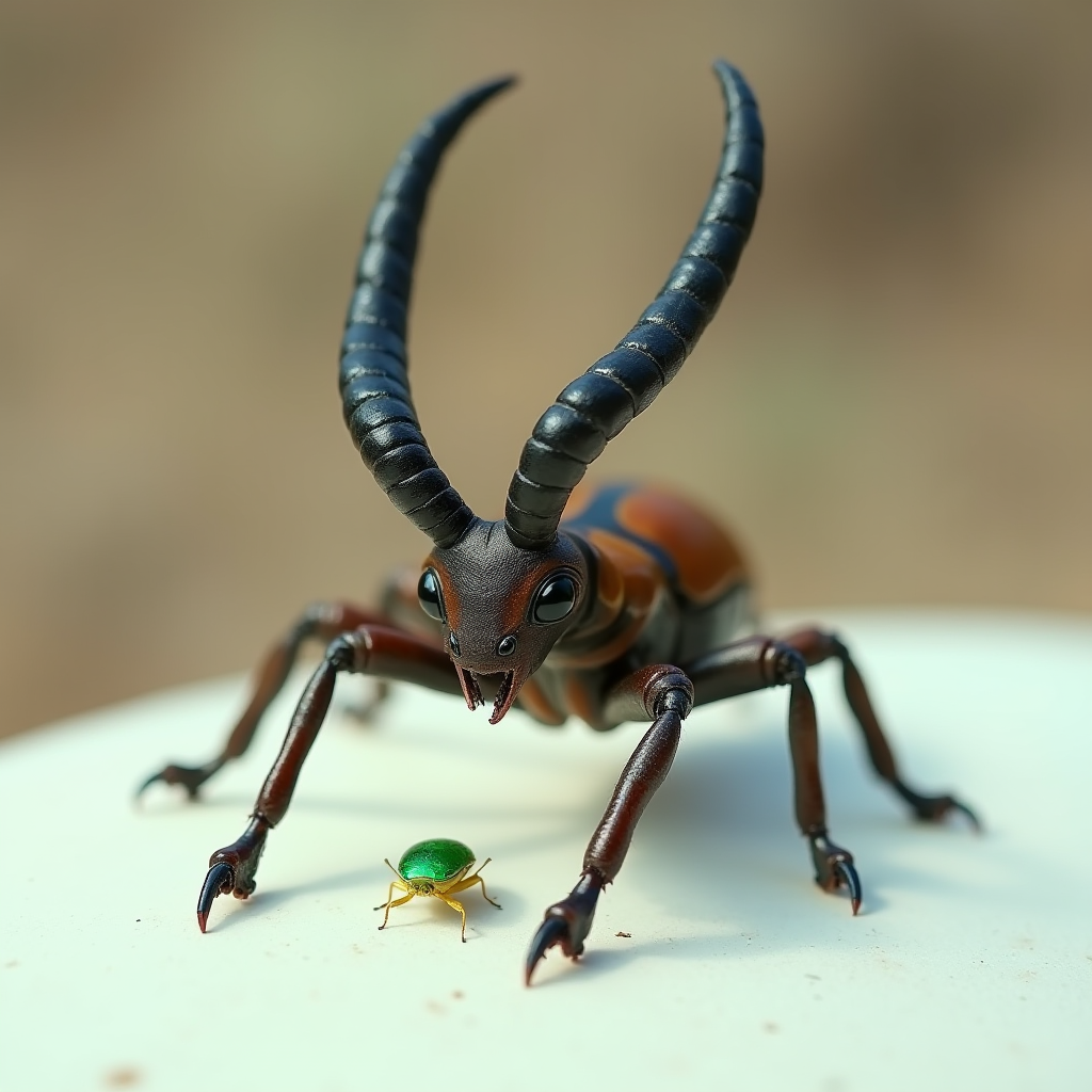 A large horned beetle faces a smaller green insect with curiosity, set against a blurred natural background.