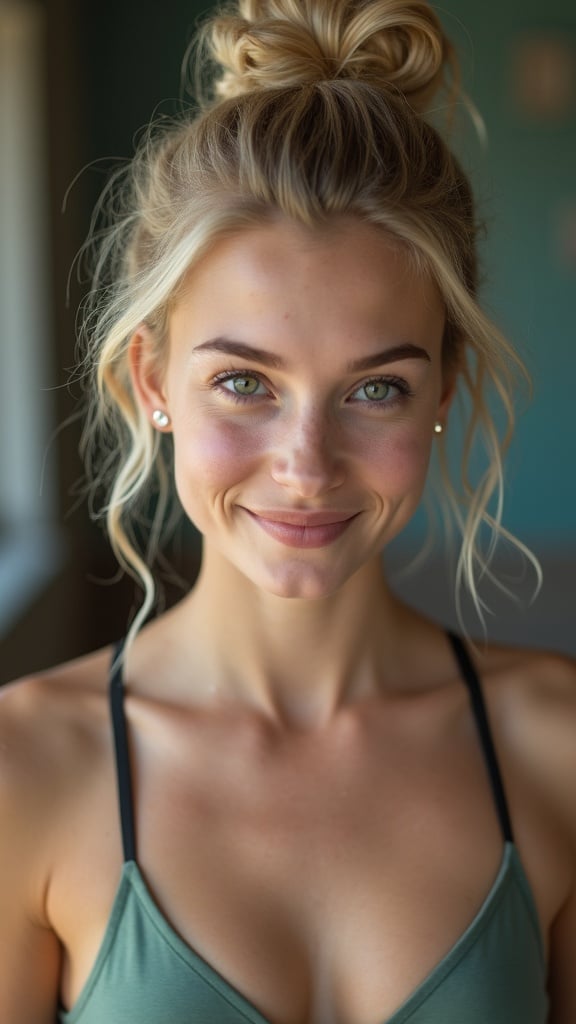 The image features a woman with a sun-kissed complexion and a confident gaze. Her hair is casually styled in a messy top knot, capturing a relaxed, approachable vibe. The ambient light softly highlights her features, accentuating her natural beauty against a blurred, serene background.