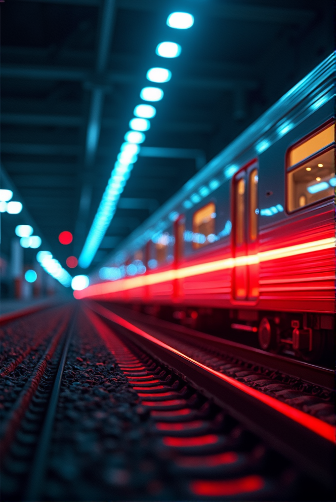 A train moves quickly in a tunnel, creating a streak of red light.