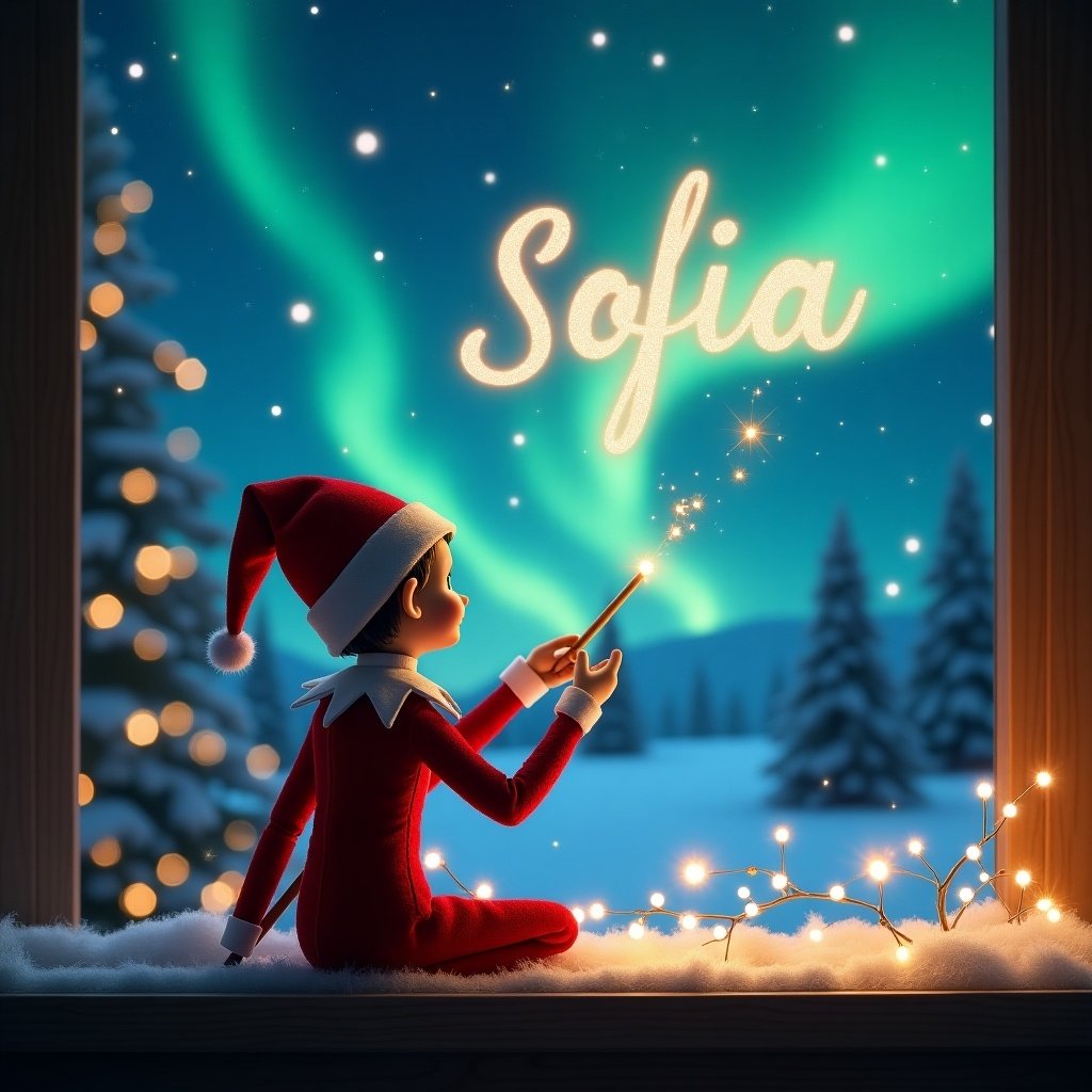 An enchanting Christmas scene featuring an Elf on the Shelf. The elf sits on a windowsill with its back to the viewer, gazing up at the night sky. With a magic wand in hand, it elegantly writes 'Sofia' into the sparkling sky. The background showcases a snowy landscape illuminated by vibrant Northern Lights. Soft fairy lights adorn the window, adding a cozy touch to the magical atmosphere. This festive image embodies the spirit of Christmas and the wonder of childhood imagination.