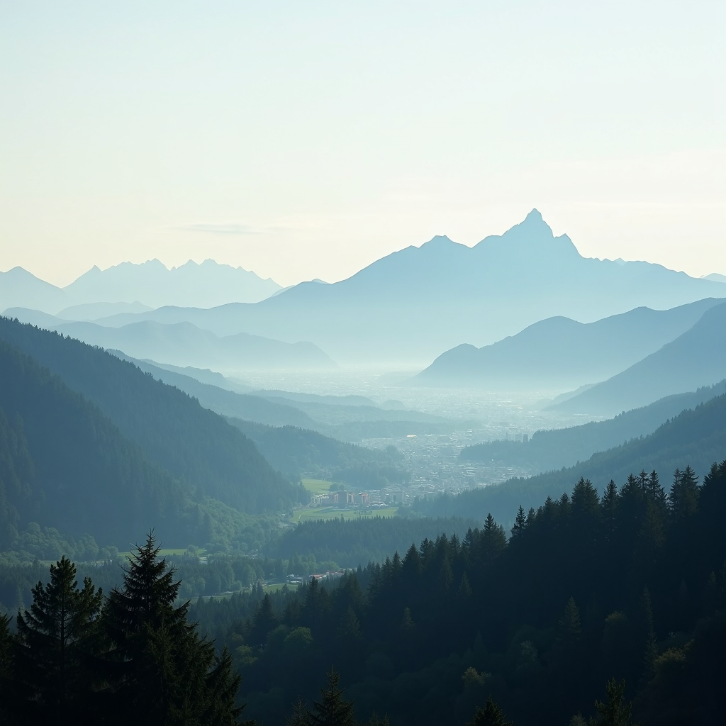 Layers of misty mountains with a valley and forest in the foreground, under a serene sky.