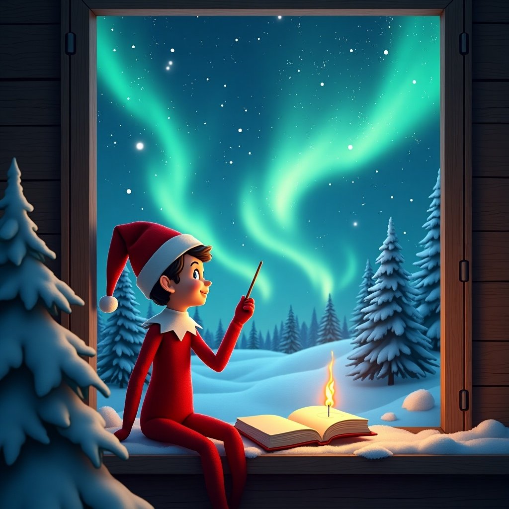 This whimsical scene depicts a traditional elf on the shelf dressed in red, sitting on a window sill and gazing at the beautiful northern lights outside the North Pole. The elf is focused, using a magic wand to write 'Payton' in the air amidst sparkling blue fireworks. An open book next to the elf is softly illuminated by a small flame, adding to the enchanting atmosphere. The snowy landscape outside is alive with vibrant greens and blues from the swirling aurora. Pine trees dusted with snow frame the cabin, enhancing the wintery feel. This image captures the essence of holiday magic and childhood wonder, perfect for festive celebrations.