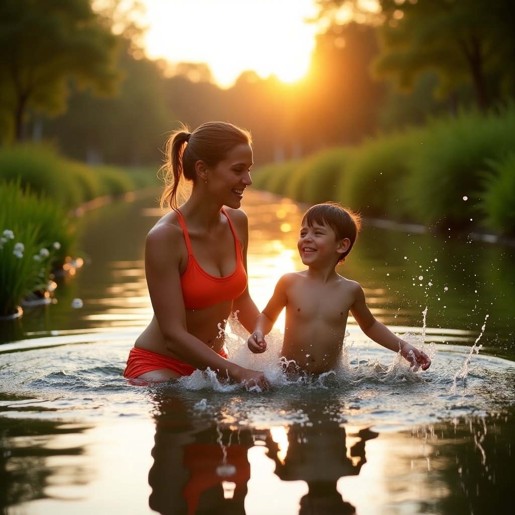 A mother and her son are playfully splashing in a pond during sunset. The mother is wearing a bikini, and the son is shirtless, showcasing a moment of joy and connection. The water reflects the warm orange and yellow tones of the sunset, creating a serene and inviting atmosphere. Surrounding them are lush green plants, enhancing the natural beauty of the scene. This image captures the essence of family fun and quality time spent outdoors.