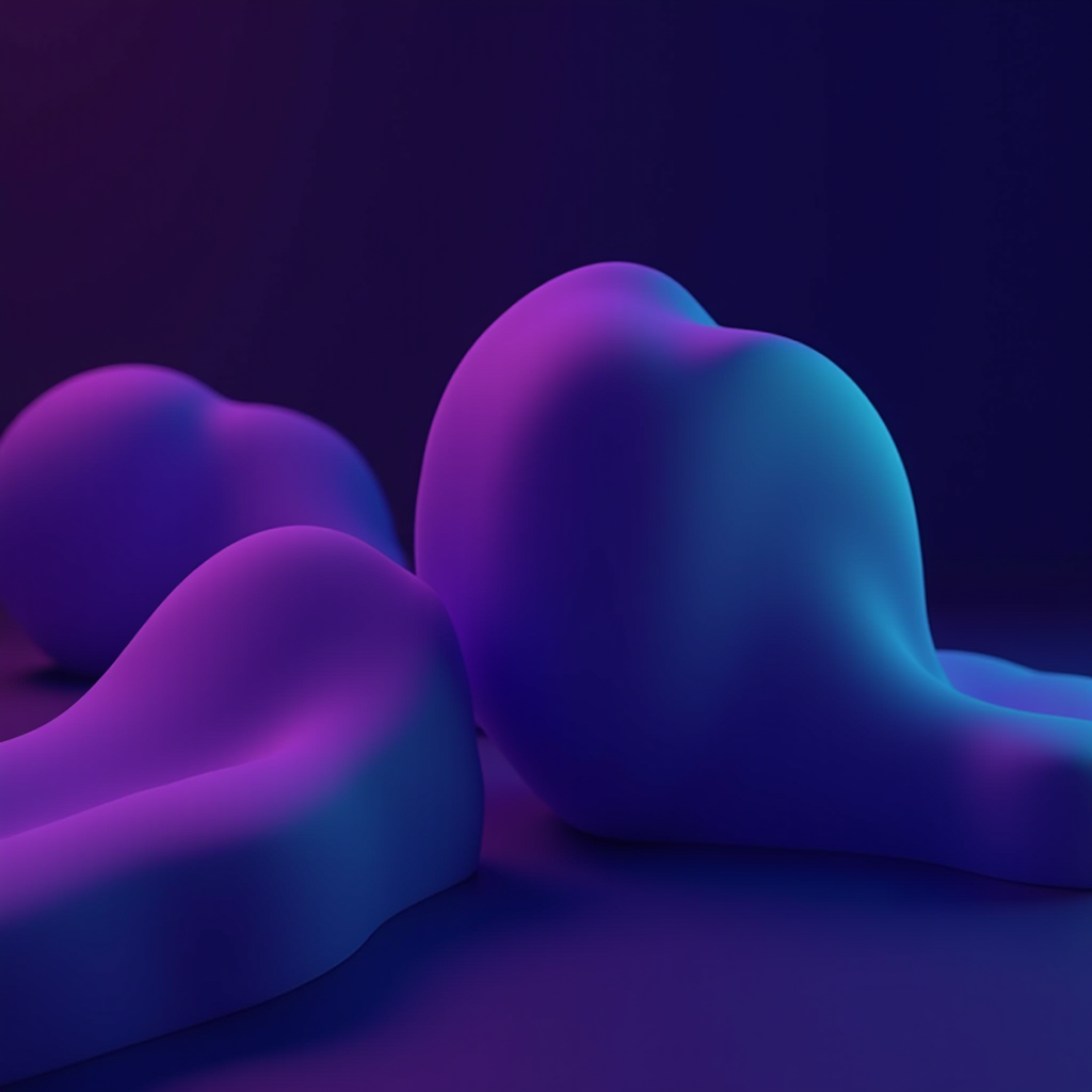 The image features abstract, organic shapes with a smooth, rubbery texture. These forms are illuminated in a gradient of radiant purple and soft teal, giving a sense of fluidity and movement. The background is a dark, deep shade, providing contrast and enhancing the colors of the shapes. The lighting emphasizes the curves and smooth surfaces of the sculptures, creating a futuristic and surreal atmosphere.