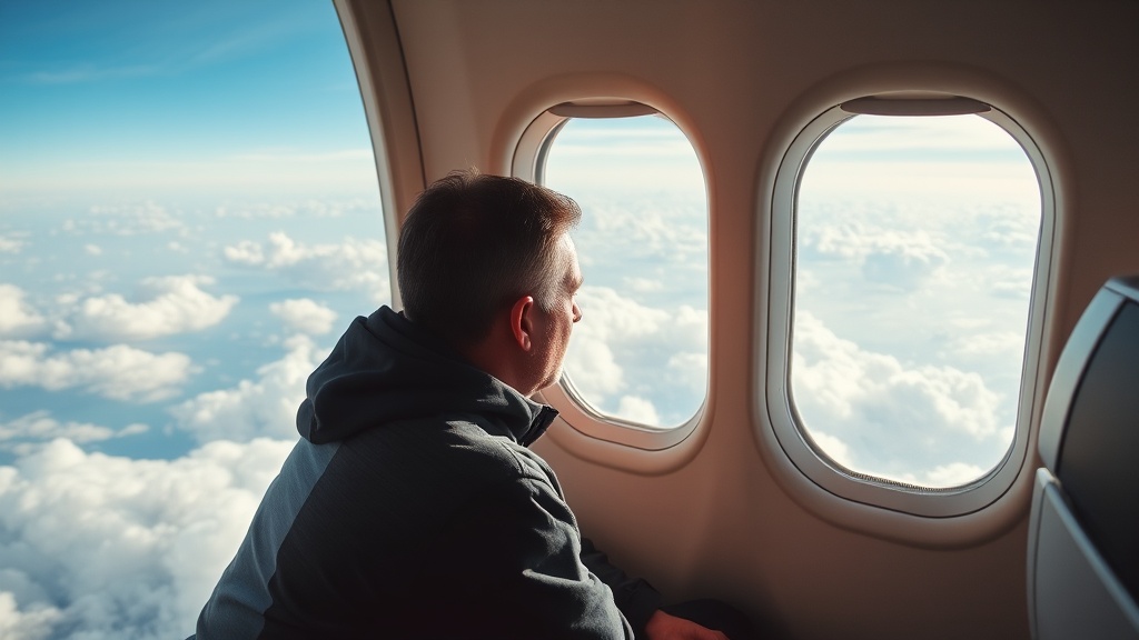 A person gazes thoughtfully out an airplane window at the clouds below.