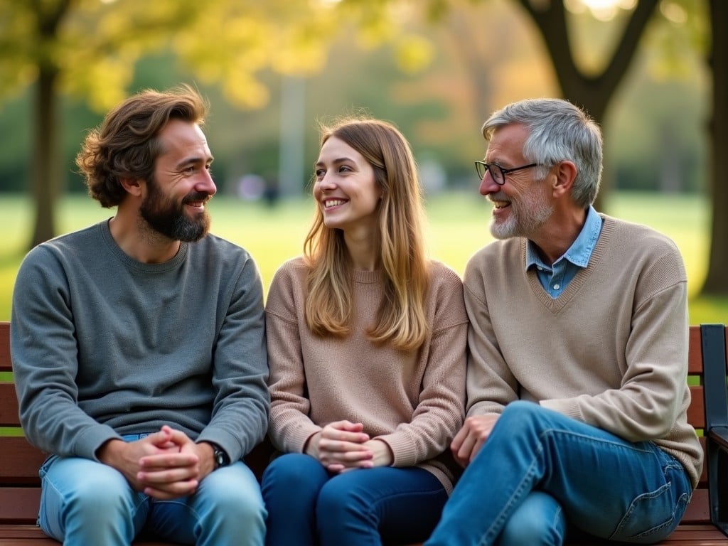 This image showcases a heartwarming moment among three individuals seated on a bench in a park. They are engaged in a cheerful conversation, sharing smiles and laughter. The scene is set during a beautiful afternoon with soft, natural lighting filtering through the trees. The individuals appear relaxed and comfortable, dressed in casual clothing that reflects a cozy vibe. The background highlights a verdant landscape, enhancing the feeling of connection and warmth among them.