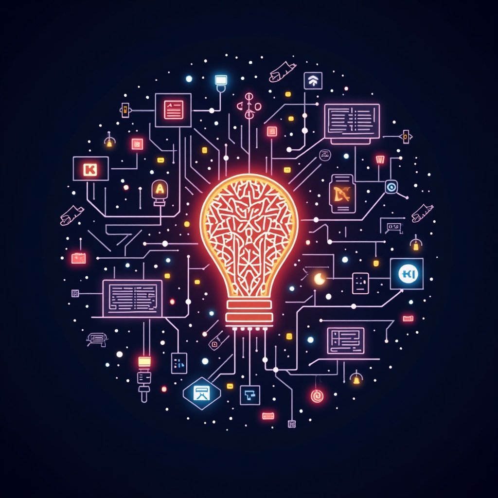 This image illustrates the concept of digital branding with a glowing light bulb at its center, embodying ideas and innovation. Surrounding the light bulb are various digital icons and symbols, representing a network of connectivity. The colors are vibrant and neon, reflecting a modern, tech-inspired design. It can be used for articles or presentations about branding in the digital age. The layout is symmetrical, emphasizing the central theme of creativity and interconnectedness.