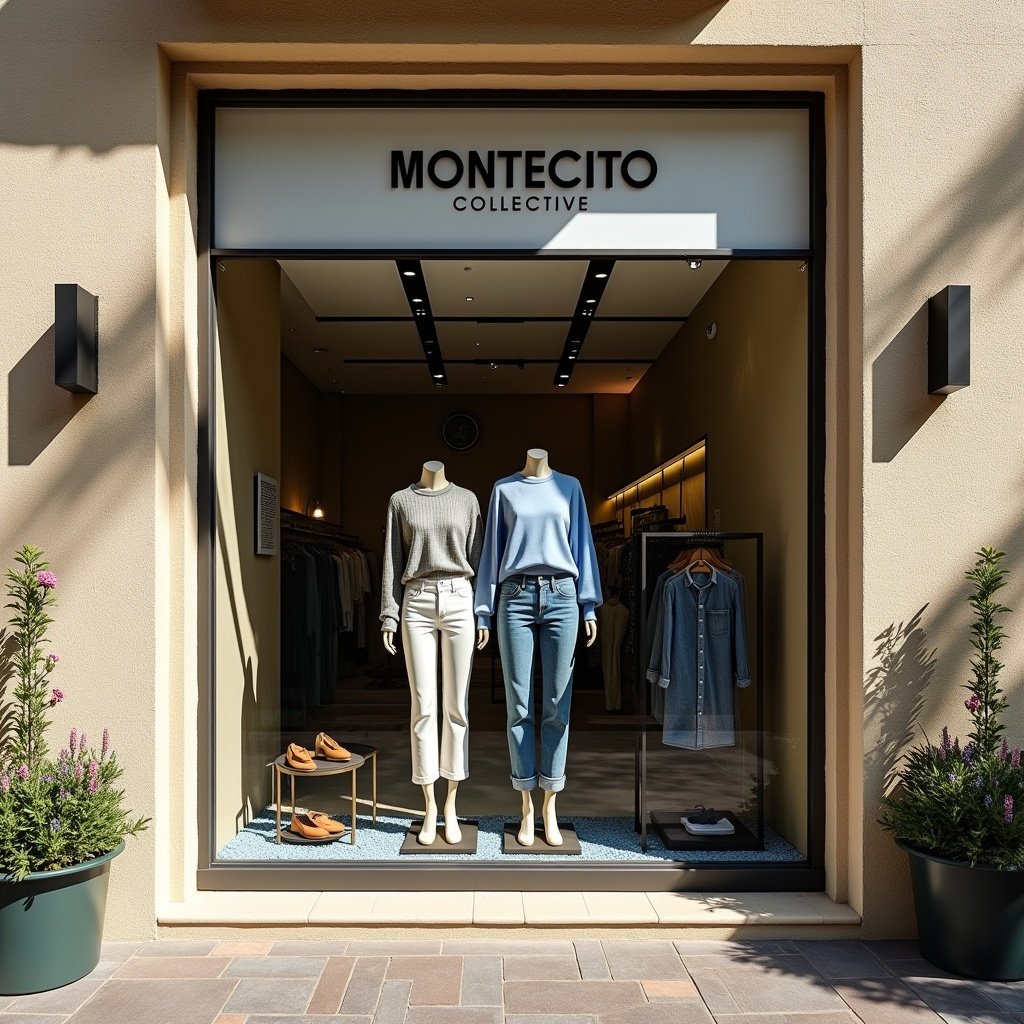 This image showcases the storefront of a fashion store named 'MONTECITO COLLECTIVE'. Two elegantly dressed mannequins are featured in the window, displaying a stylish denim collection. One mannequin wears a blue cashmere crew neck sweater, while the other showcases the LEXI MID RISE BOWED- SATELLITE jeans. The store's stucco facade is complemented by flowers and plants, creating a welcoming atmosphere. The bright sunlight enhances the visual appeal of the clothes, drawing attention to the intricate details. This daytime setting represents a modern fashion retail environment.