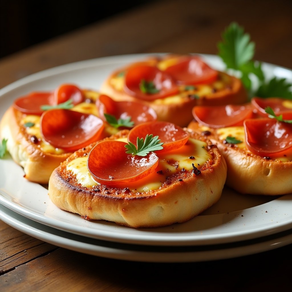 This image shows a delicious plate of pepperoni and cheese toast. The toast is golden brown, featuring a generous layer of melted cheese. Topped with slices of pepperoni and garnished with fresh parsley, it looks inviting and warm. The background is rustic, enhancing the cozy feel of the dish. This comforting food is perfect for snack time or as an appetizer during gatherings.