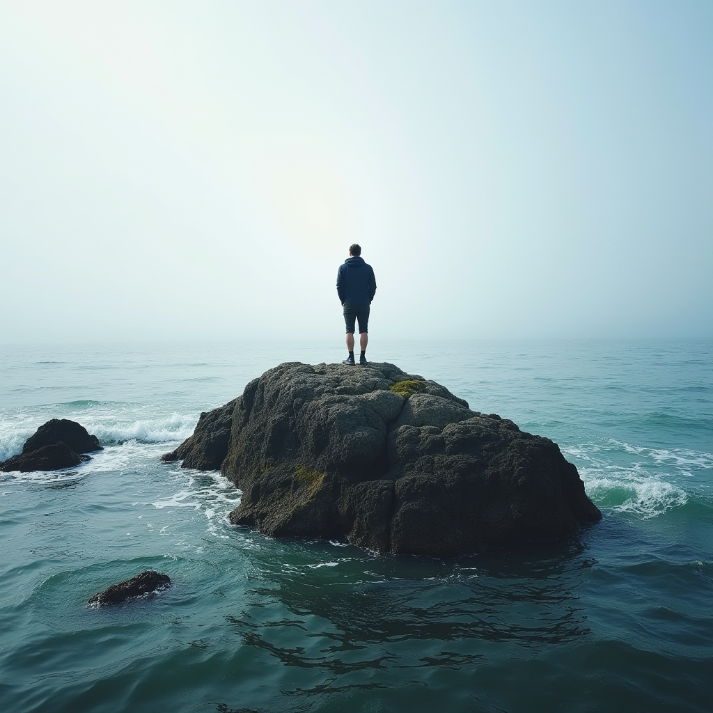 A solitary figure stands on a rock surrounded by the ocean under a misty sky.