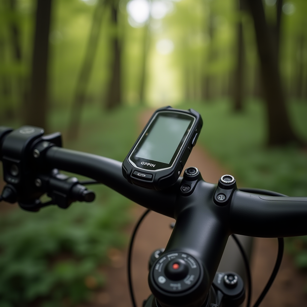 A bicycle handlebar with a GPS device mounted, set against a blurred background of a forest trail.