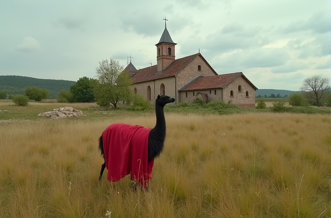 A llama dressed in a red cloth stands in a grassy field near an old brick church.