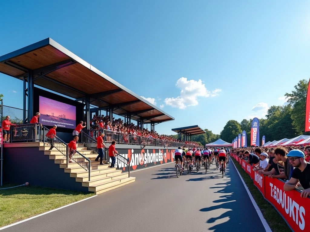 This image captures a vibrant cycling event taking place under a bright blue sky. A group of cyclists is racing along a neatly paved track, with a large crowd of spectators watching from a modern viewing area. The atmosphere is lively, filled with excitement and energy from both the fans and participants. Colorful banners and tents line the sides of the track, enhancing the festive vibe of the occasion. Stairs lead up to the viewing area, where people are cheering for the athletes.