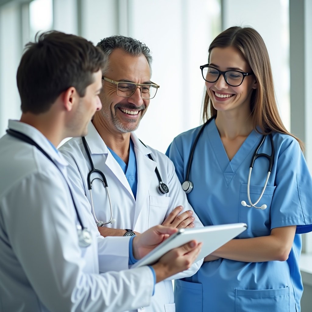 The image depicts three diverse doctors collaborating on patient care. They are standing in a bright hospital environment, exchanging ideas and reviewing information on a tablet. The atmosphere is positive and engaged, showcasing teamwork. The doctors wear professional attire and stethoscopes, indicating their roles in healthcare. Their expressions are friendly and encouraging, reflecting a collaborative spirit in medical practice.