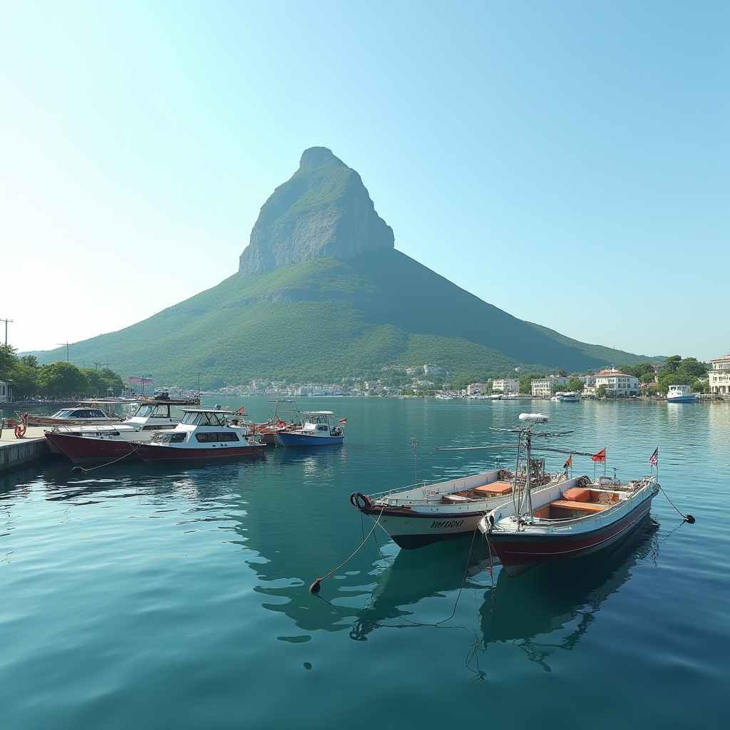 A serene harbor scene with boats anchored on calm blue-green waters beneath a majestic cone-shaped mountain under a clear blue sky.