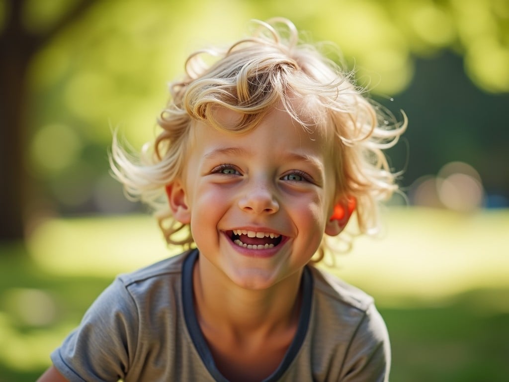 The image captures a young child with curly blond hair and bright, beaming smile, set against a backdrop of a sunny day in a lush, green park. The joyful expression on the child's face, combined with the vibrant natural setting, evokes a sense of carefree happiness and the simple pleasures of outdoor play.