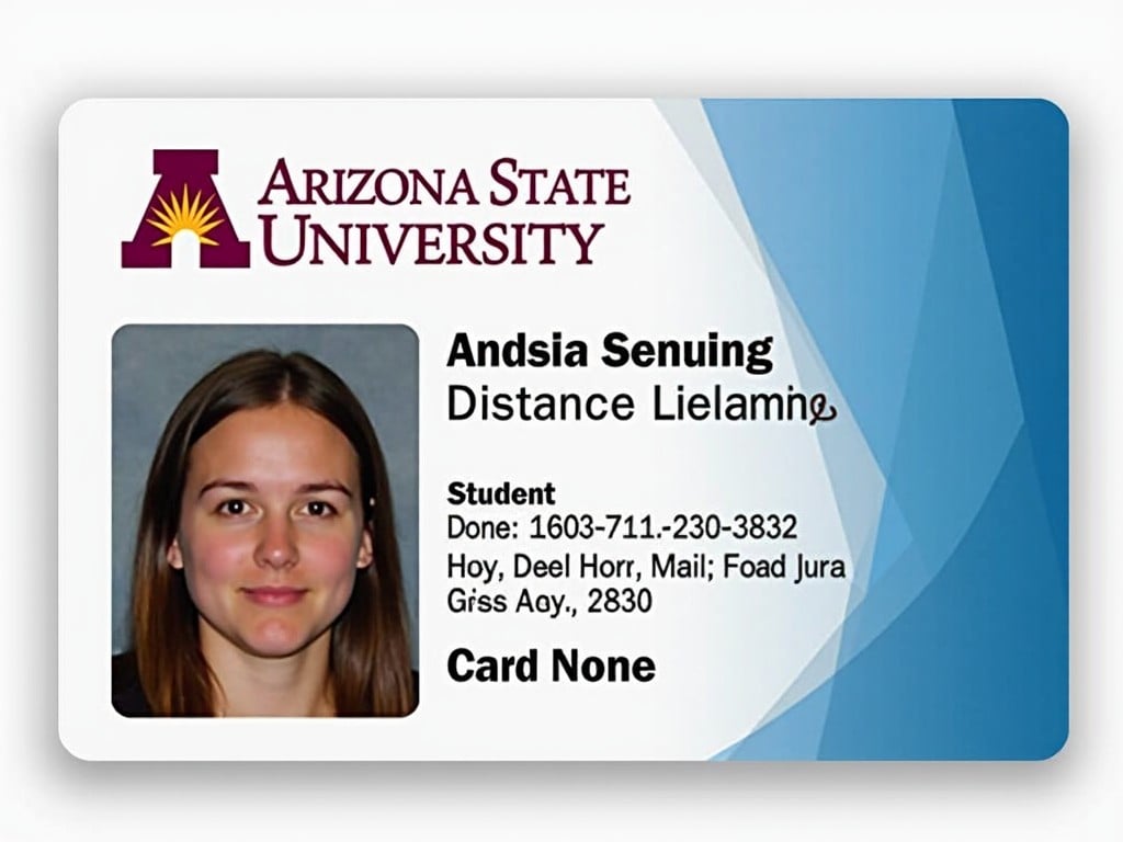 The image shows a student ID card for Arizona State University. The card features the university's logo prominently at the top left. Below the logo are details such as the student ID number, expiration date, and the designation of 'Distance Learning.' The card includes a photograph of a student with a neutral expression, and their name is displayed at the bottom. The background of the ID card is a mix of blue and white, enhancing the university branding.