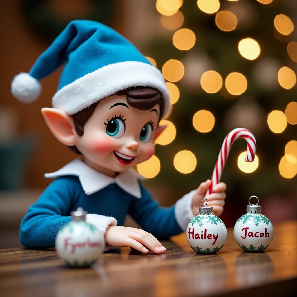 A charming Christmas elf dressed in cheerful blue attire, wearing a hat, is writing names on decorative baubles. The elf has a playful expression, sitting at a wooden table, surrounded by holiday decorations. In the background, there's a softly lit Christmas tree with twinkling lights. The elf holds a red and white candy cane, contributing to the festive mood. The names being written include Hailey and Jacob, highlighting the personal touch for the festive season. This scene radiates holiday cheer and delightful anticipation.