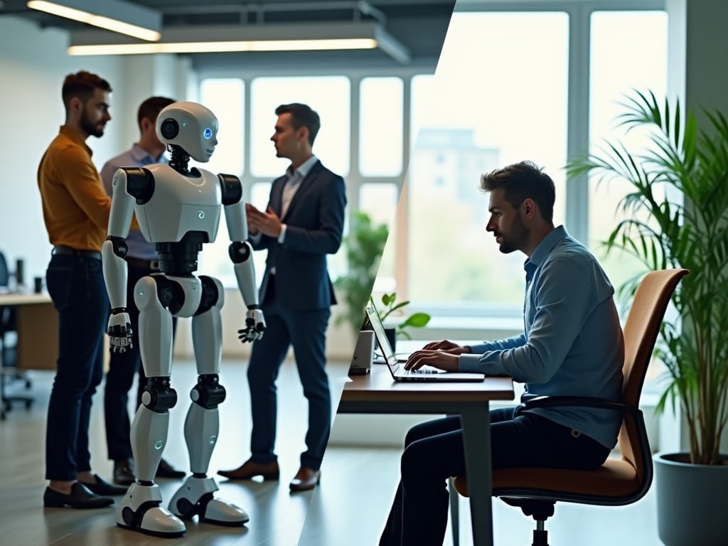 The image features a dual scene. On one side, a group of professionals engage in a discussion around a humanoid robot in a modern office environment. The scene is lively, filled with natural light and sleek furniture. On the other side, an individual works alone at a desk, typing on a laptop surrounded by a serene atmosphere with plants. The contrast between collaboration with technology and individual productivity highlights modern work life. This image embodies the blend of human effort and technological assistance in professional settings.