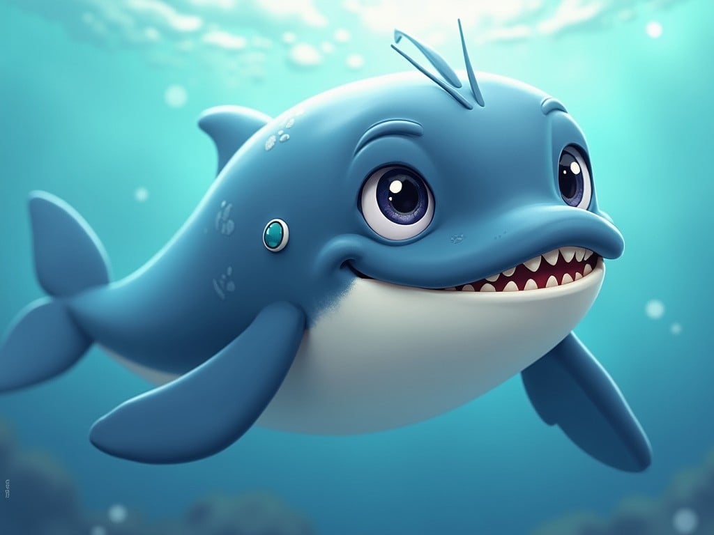 a charming and friendly cartoon whale character swimming underwater, featuring big eyes and a toothy smile, designed for children's media