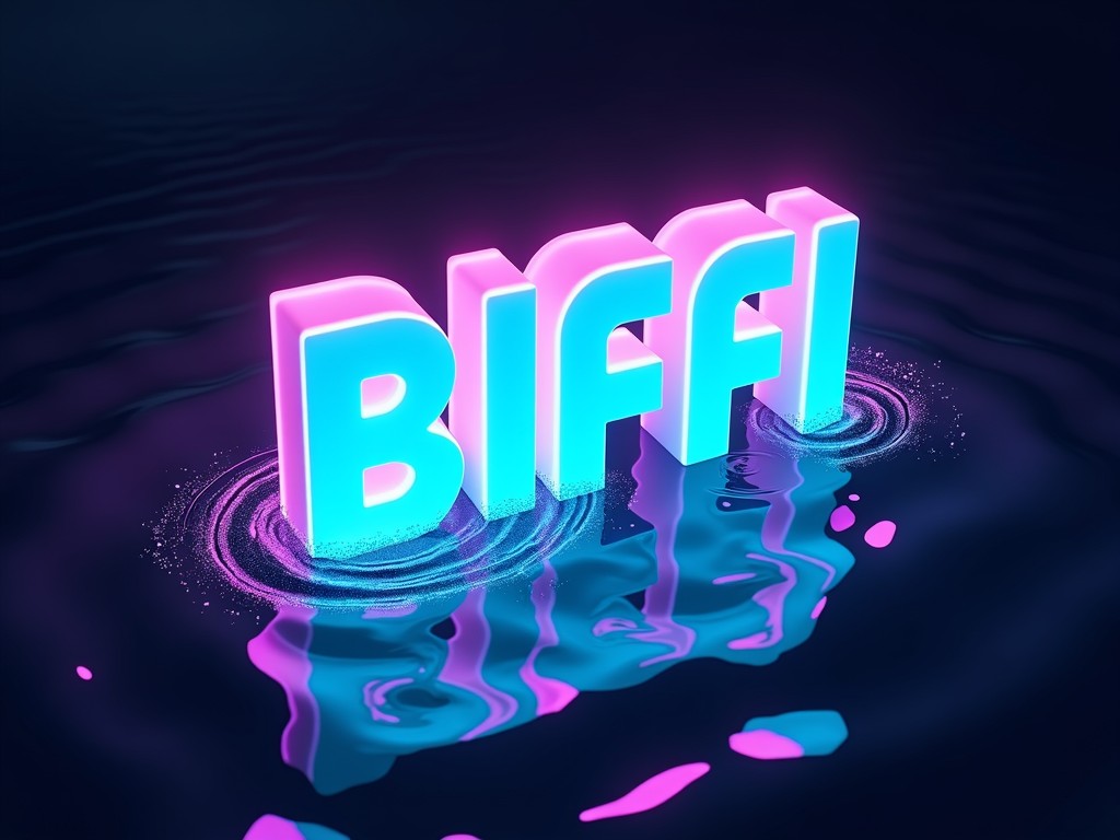 This digital artwork features the word 'BIFFI' depicted in bold, 3D letters, glowing in vibrant neon pink and blue hues. The letters appear to be floating on a smooth, reflective water surface, creating ripples that enhance the sense of motion and energy. The contrast between the bright colors of the text and the dark background results in a striking, futuristic aesthetic.