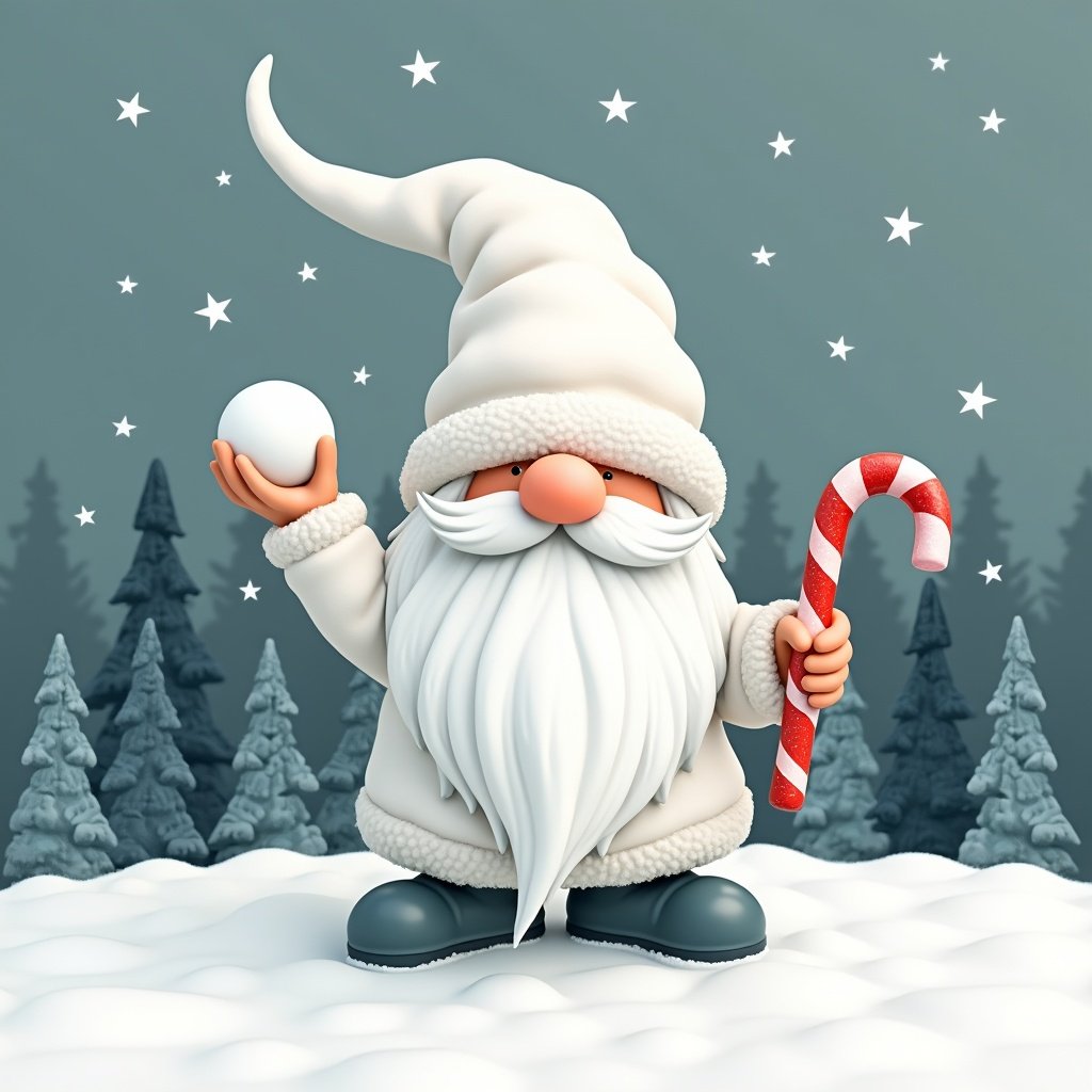 illustration of a whimsical gnome holding a snowball and a candy cane, stars in the background, surrounded by snow and pine trees, festive Christmas scene