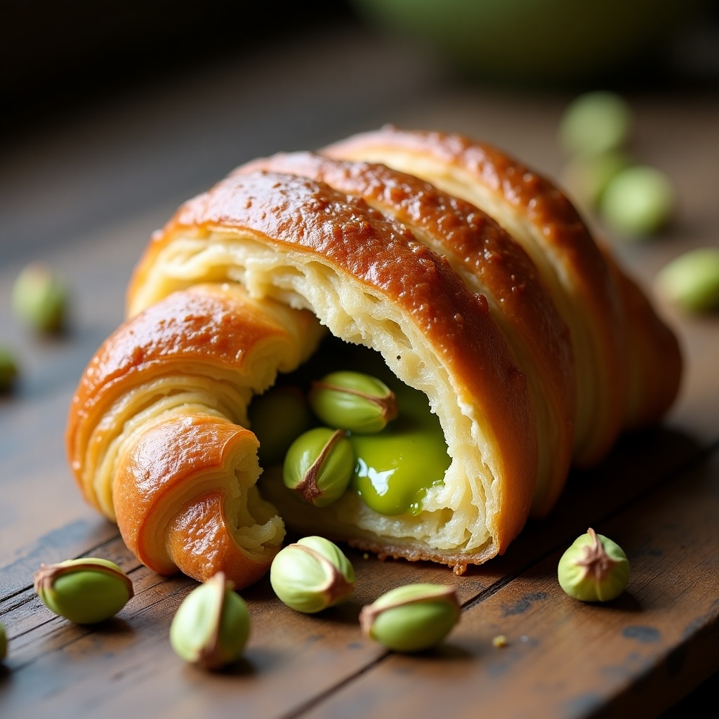 A beautifully crafted pistachio croissant is showcased on a rustic wooden table. Its golden-brown layers are perfectly baked, with a delightful sheen. The croissant has been partially cut open, revealing a vibrant green pistachio filling inside, which adds a pop of color. Surrounding the croissant are scattered pistachio nuts, enhancing the overall appeal. The natural lighting subtly emphasizes the textures of the flaky pastry, making it a tempting sight for dessert lovers.