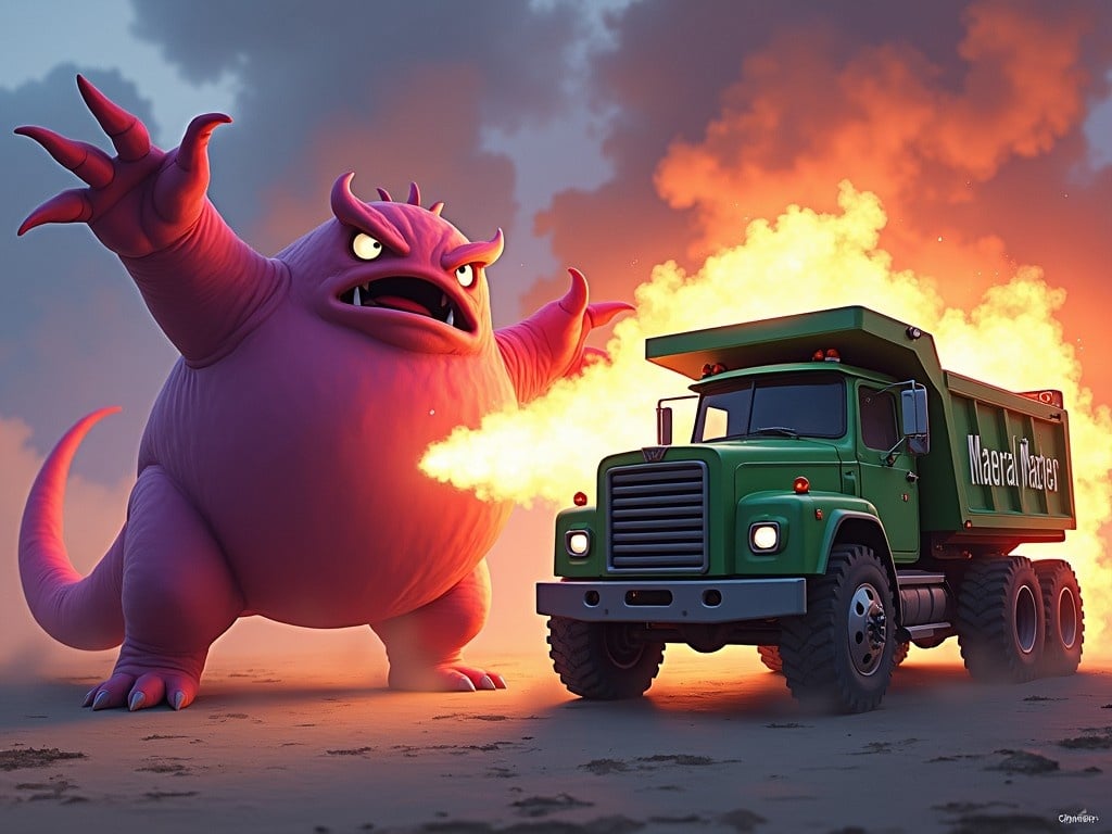 This image vividly depicts a fantastical confrontation between a large pink monster and a green tri-axle dump truck. The monster is reminiscent of classic cartoon characters, with an expressive face and arms raised. It breathes a fiery blast towards the truck, creating an intense and dramatic scene. The truck, marked with the name 'Material Masters,' is brightly colored, contrasting with the monster’s hue. The setting appears dynamic, with a vibrant color palette that evokes excitement and adventure.