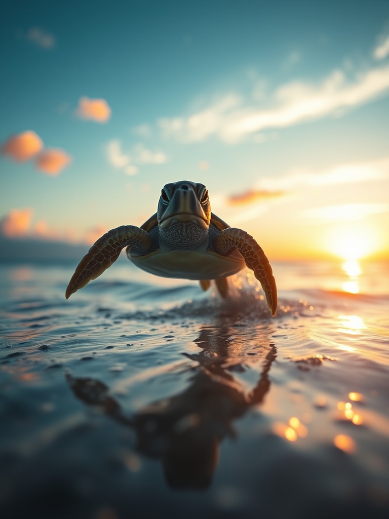 A sea turtle is beautifully captured in motion as it glides over the ocean surface during a golden sunset. The low angle of the shot enhances the turtle's majestic form, while the warm hues of the setting sun reflect off the water, creating a serene and picturesque scene.