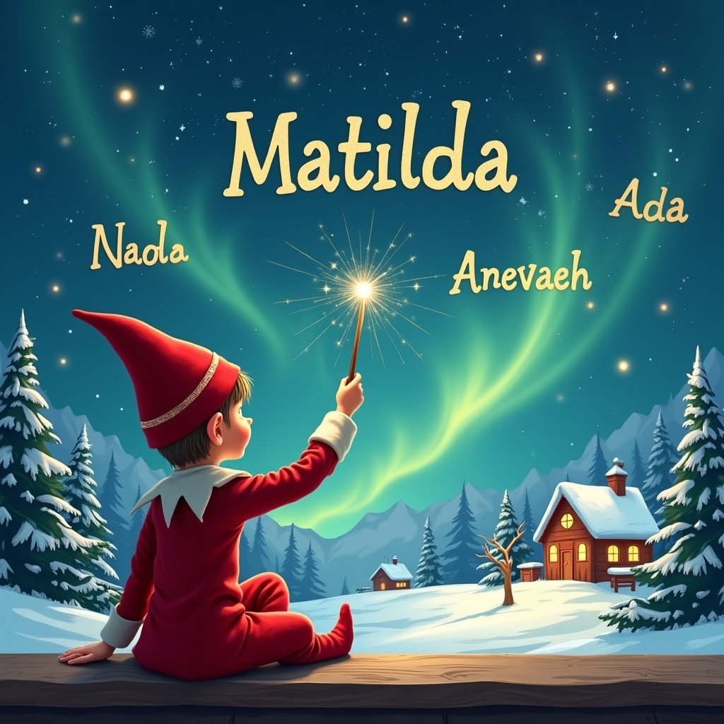 An elf sits on a wooden ledge with its back to the camera, gazing at a magical sky. Dressed in a red outfit with a pointed hat, the elf holds a sparkling wand. With the wand, the elf writes the name 'Matilda' in the starry sky. The scene is painted with a snowy landscape, charming little houses, and evergreen trees under shimmering Northern Lights. This whimsical depiction captures the essence of childhood magic and Christmas cheer. The elf elegantly adds the names 'Nada' and 'Ada' in the same starry sky, enriching the magical atmosphere. The elf elegantly writes the name 'Anevaeh' in the air with the wand.