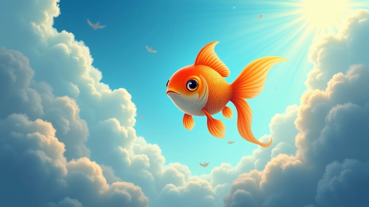 A vibrant and whimsical illustration of a goldfish floating amidst fluffy clouds in a sunny sky. The goldfish is depicted in an exaggerated, cartoonish style, with large expressive eyes. The surrounding clouds and sky create a dreamy atmosphere, enhanced by the warm glow of sunlight streaming from the top corner of the image.