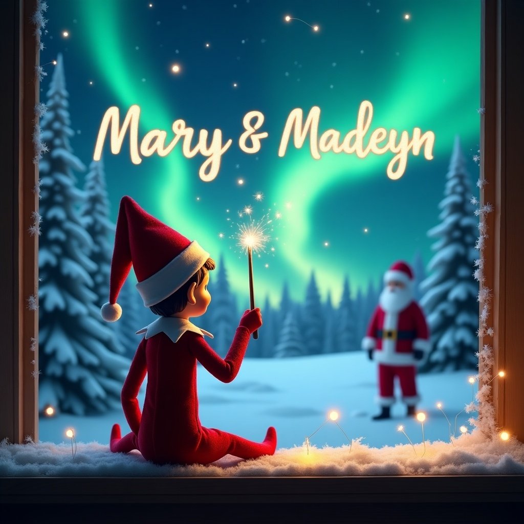 An elf on the shelf is seen with his back towards the viewer, facing a beautiful winter landscape. He holds a magic wand, using it to write the name 'Mary & Madelyn' in the sky. The background features mesmerizing northern lights illuminating the night. In the distance, Santa Claus stands amidst the snow-covered trees. This scene captures the essence of Christmas magic and wonder, inviting viewers into a whimsical holiday world.