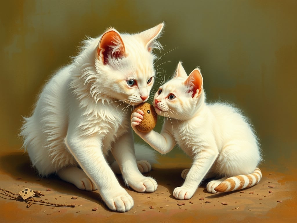 In a charming and whimsical illustration, two fluffy white kittens are seen interacting playfully. The larger kitten is holding a small brown potato, while the smaller one reaches out in curiosity. The soft, warm colors and gentle lighting evoke a sense of innocence and affection in this cozy scene.