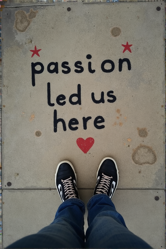 A person stands on a sidewalk with the words 'passion led us here' and a red heart painted on it.