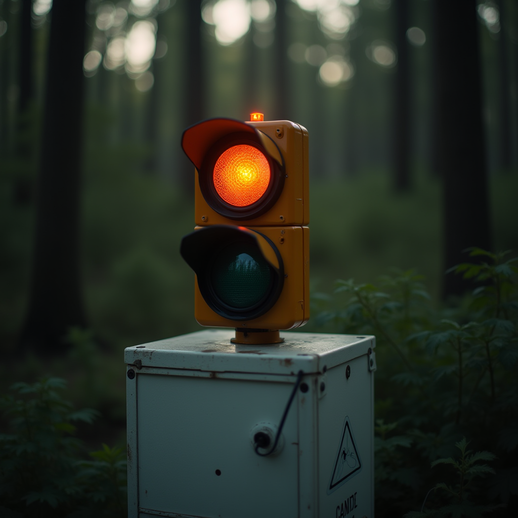 An orange traffic light standing alone in the tranquil setting of a dense forest.