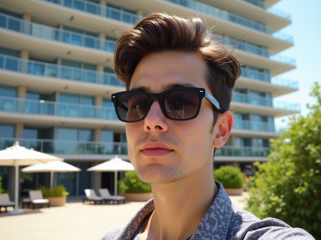 A stylish man wearing sunglasses outside a modern hotel, against a sunny, clear sky with vacation vibes