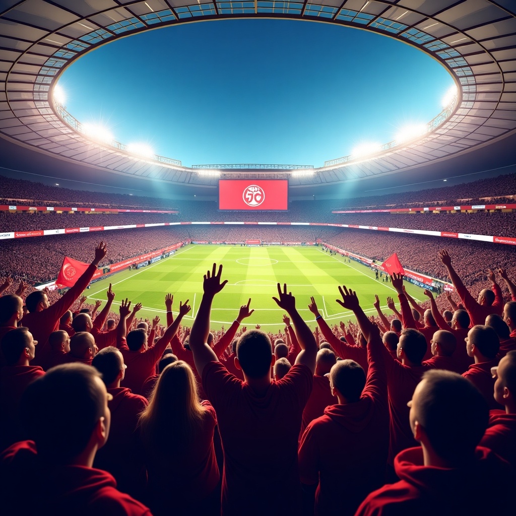 A vibrant scene capturing the excitement of a football matchday. The grand stadium is filled with enthusiastic fans, all dressed in red, cheering passionately. Bright stadium lights shine down, illuminating the field and the crowd. Flags wave high as supporters display their team spirit. The atmosphere is electric, showcasing the love for the game and community involvement.