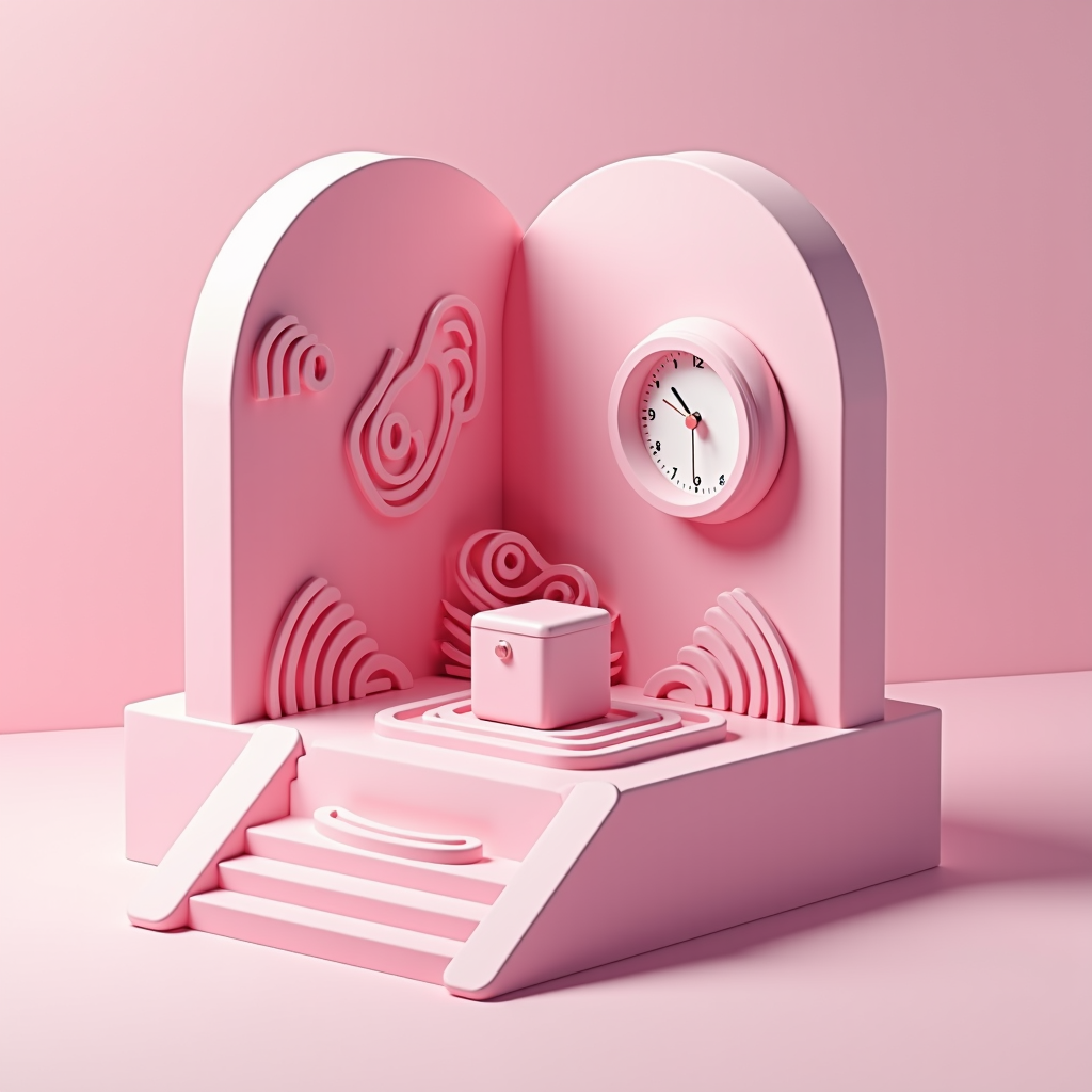 A pink geometric structure features stairs leading to an abstract setup with concentric patterns and a clock on the wall.