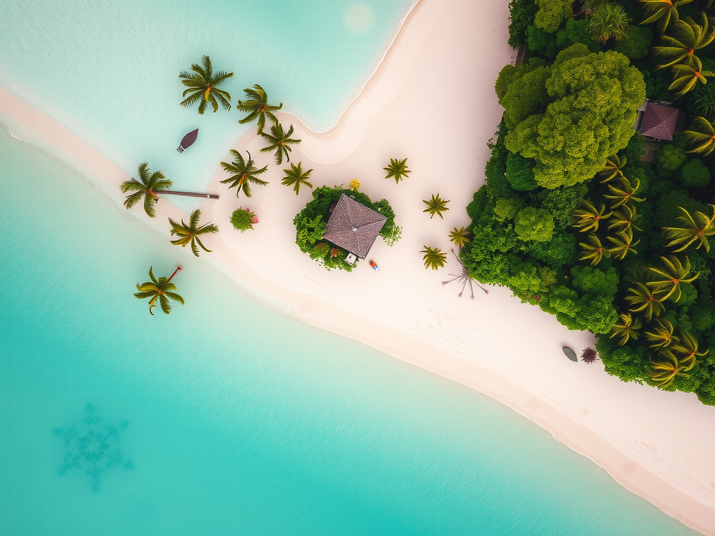 This aerial image captures a tranquil tropical paradise. At its center, a small wooden structure with a thatched roof sits among lush greenery. Surrounding the hut are dense clusters of palm trees stretching towards the crystal-clear turquoise waters of a gently lapping shore. The bright white sand beach curves harmoniously, creating a serene border between the rich emerald foliage and the inviting sea.

A few palm trees stand isolated on the beach, casting their long shadows on the sand. Several more palms dot the image, their reflections visible in the water. A small pier extends into the water with a boat docked at its end, suggesting a peaceful retreat.

Beneath the water's surface near the shore, there appears to be a faint outline of a star-shaped figure, adding a touch of intrigue and mystery to the idyllic scene.