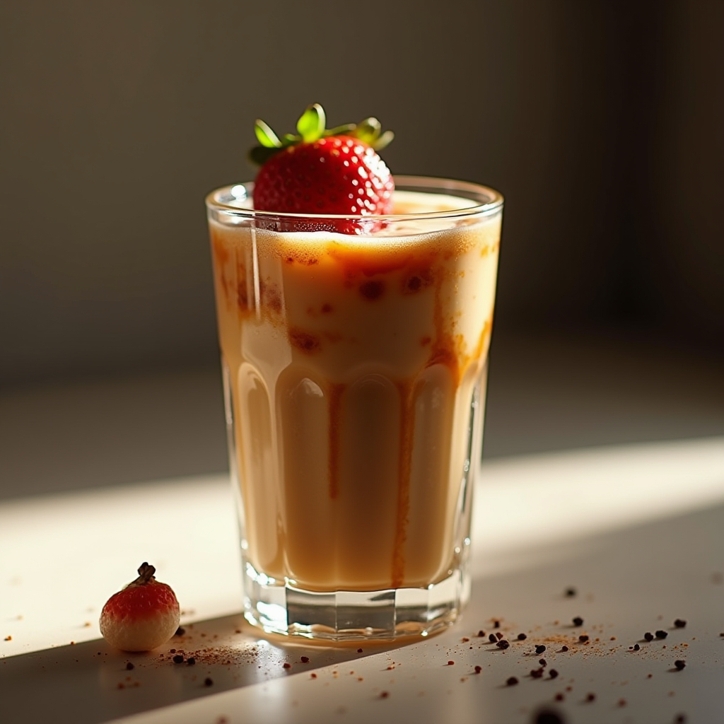 A glass of creamy milkshake adorned with a fresh strawberry and a sprinkle of cocoa powder.