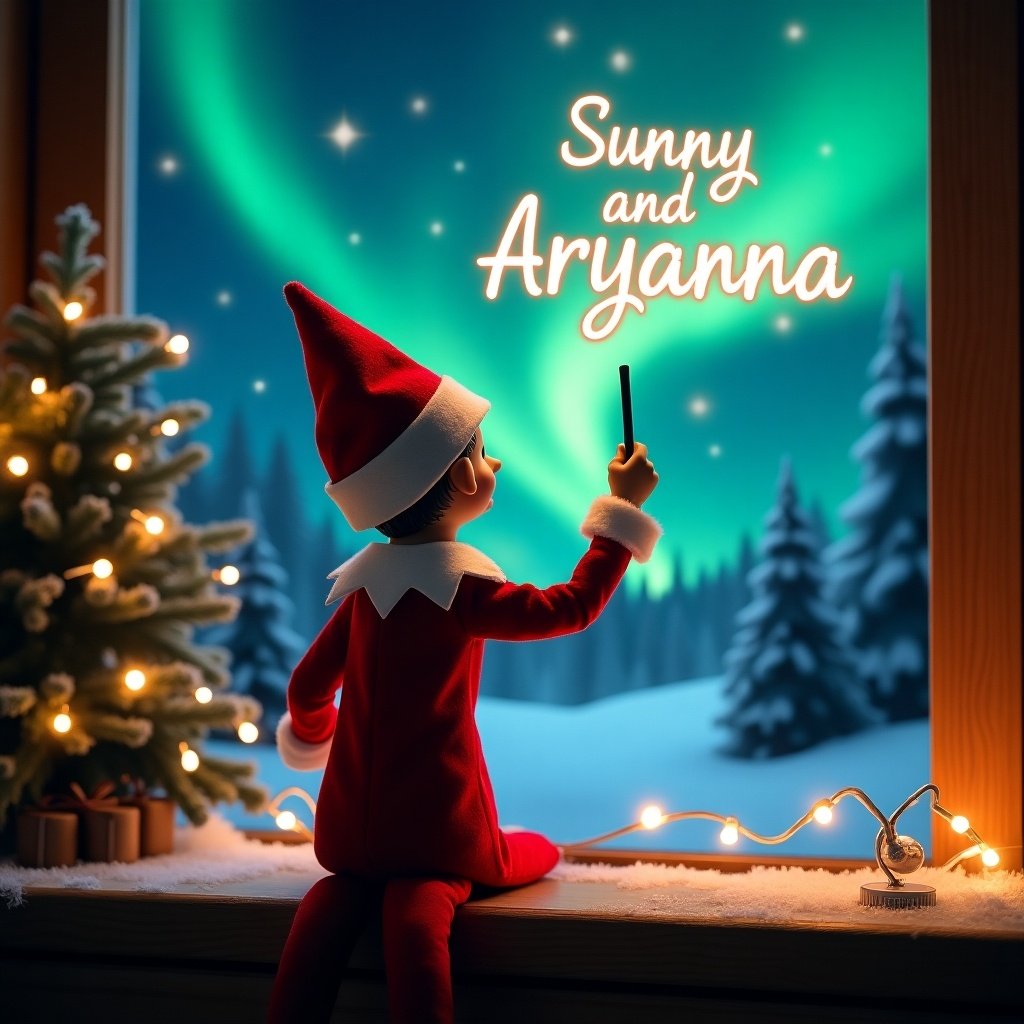 An enchanting Christmas scene features an elf on the shelf with its back to the viewer. The elf, dressed in red and white, wields a magic wand, writing 'Sunny' and 'Aryanna’ in glowing script above him. The backdrop is decorated with vibrant northern lights, adding a magical touch. This festive scene radiates the spirit of Christmas with a whimsical twist. The elf's position and action convey a sense of wonder and excitement, embodying the joy of the holiday season.