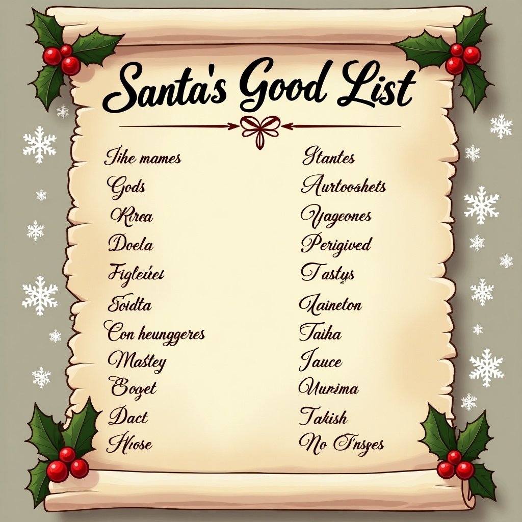 This image features Santa's Good List displayed on a beautifully designed scroll. The elegant lettering at the top reads 'Santa's Good List' in a whimsical font. Surrounding the scroll are festive holiday decorations including holly and snowflakes. The overall color palette is warm and inviting, featuring reds and greens with a beige background. This scroll could evoke feelings of nostalgia and joy associated with the Christmas season.